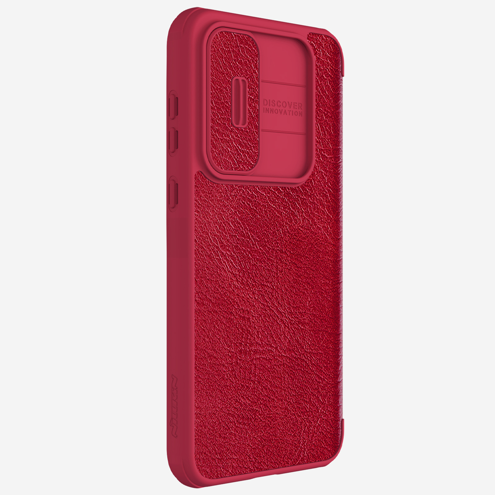 Красный кожаный чехол книжка от Nillkin для смартфона Samsung Galaxy A55 5G, серия Qin Pro Leather с защитной шторкой для камеры