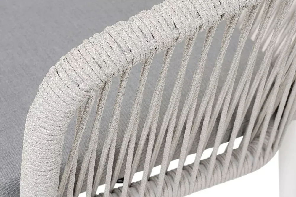 "Марсель" стул плетеный из роупа, каркас алюминий белый муар, роуп светло-серый меланж круглый tex, ткань светло-серая