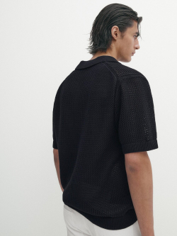 Massimo Dutti Свитер поло из фактурной ткани с короткими рукавами, темно-синий