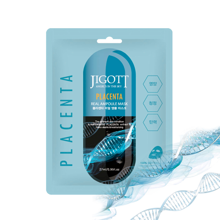 Маска для лица Jigott Placenta Real Ampoule Mask тканевая Фитоплацентарная из соевых бобов, икры и женьшеня 27 мл
