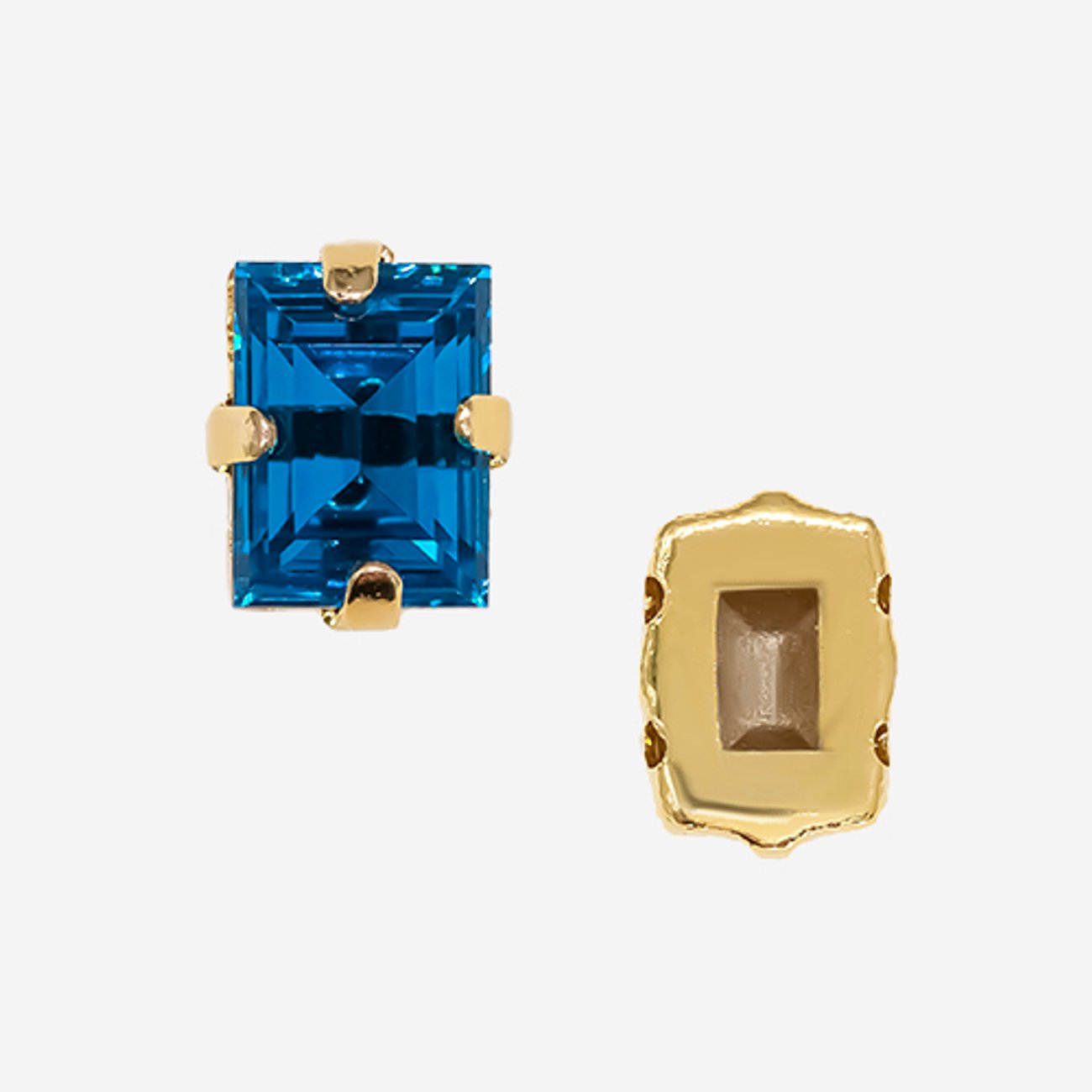 Кристалл Прямоугольник (Step Cut Fancy Stone) в цапах, оттенок "Синий Капри"/"Capri Blue", 9*7мм, позолота