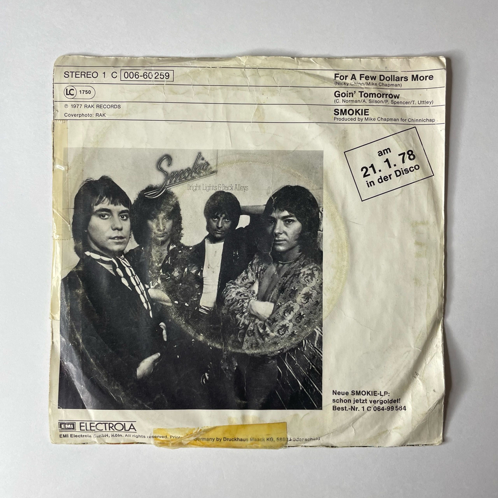Винтажная виниловая пластинка 7 дюймов (маленькая пластинка) Смоуки Smokie For A Few Dollars More (Германия 1977)