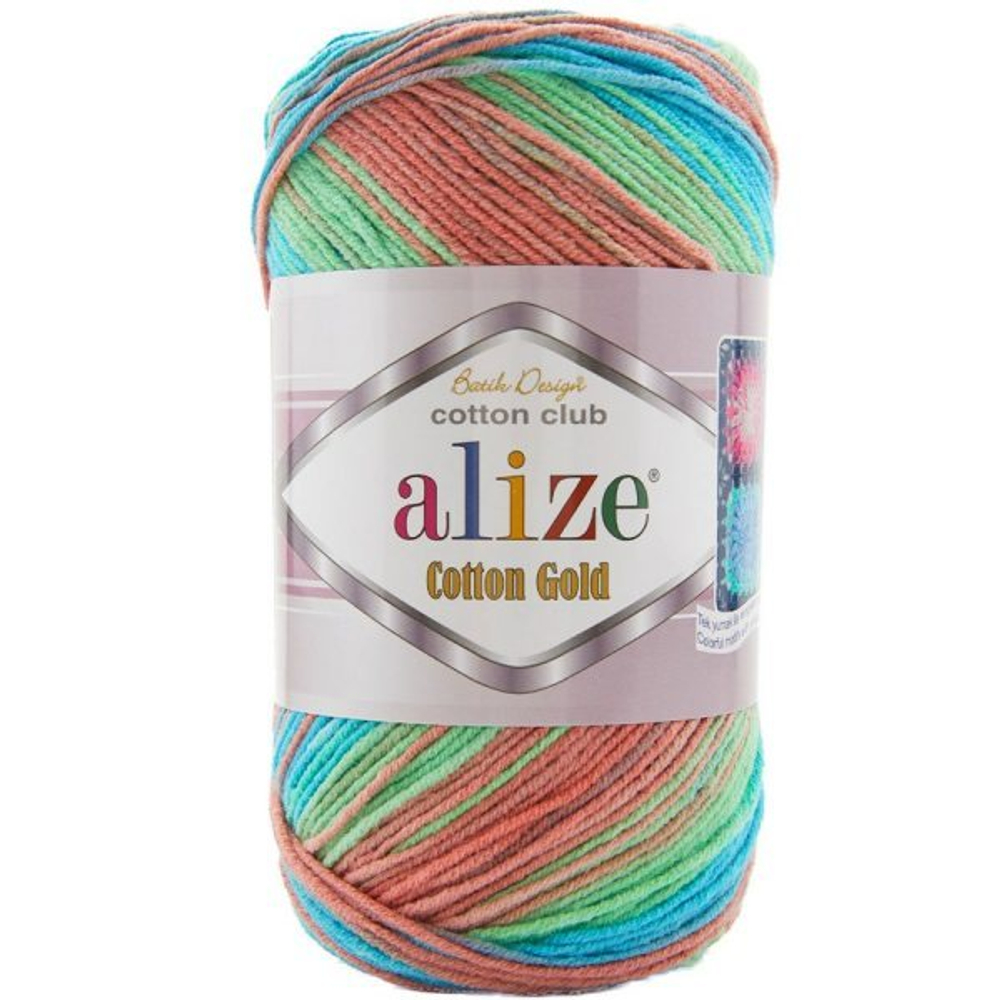 Коттон голд батик (Cotton gold batik) пряжа Alize 55%хлопок 45%акрил 5х100г/330м (8097 бирюзовый-розовый-салатовый)
