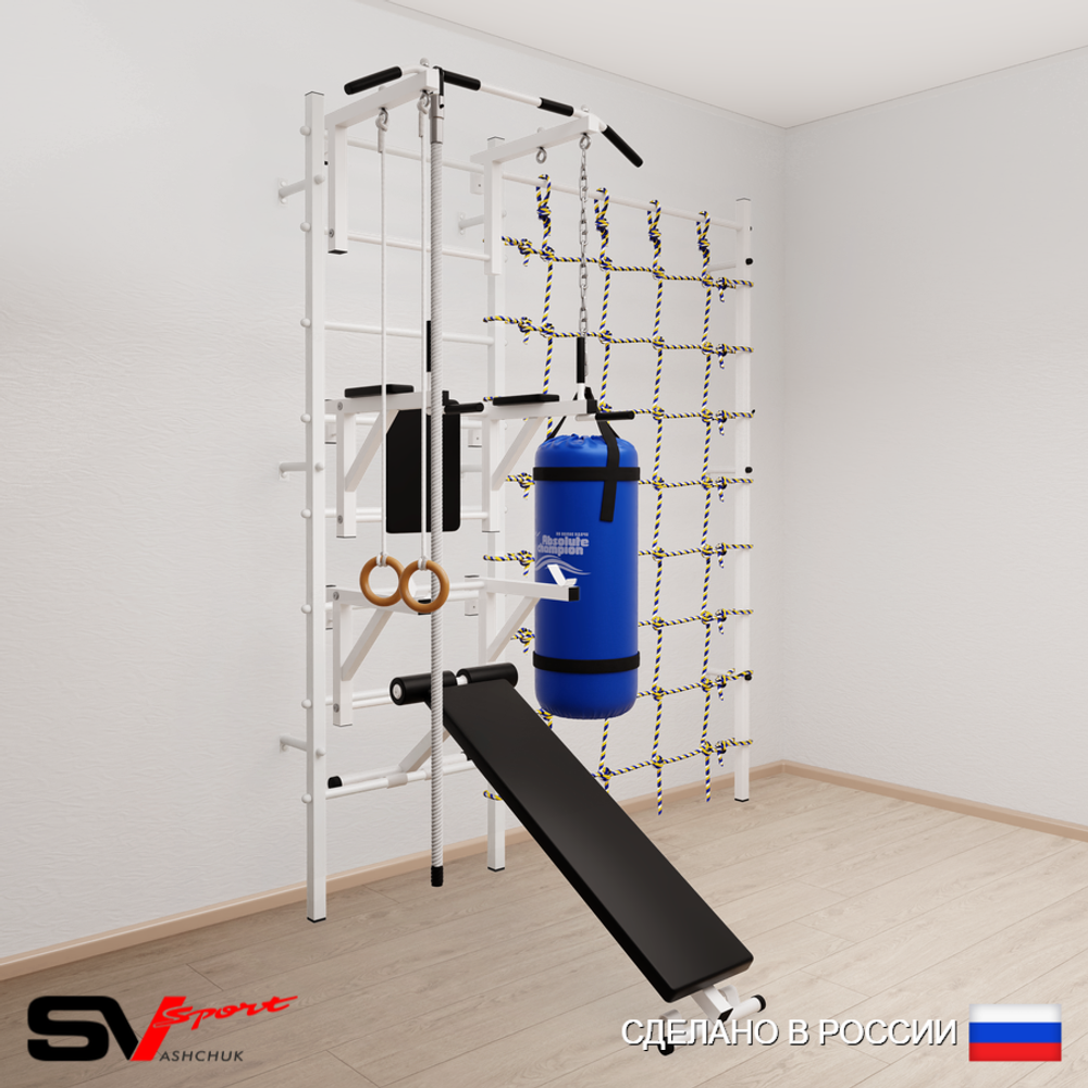 Шведская стенка Sv Sport 59410 (Турник стандарт/Брусья/Стойка/Скамья/Канат/Кольца/Цепь/Мешок 15кг/Канатный лаз)