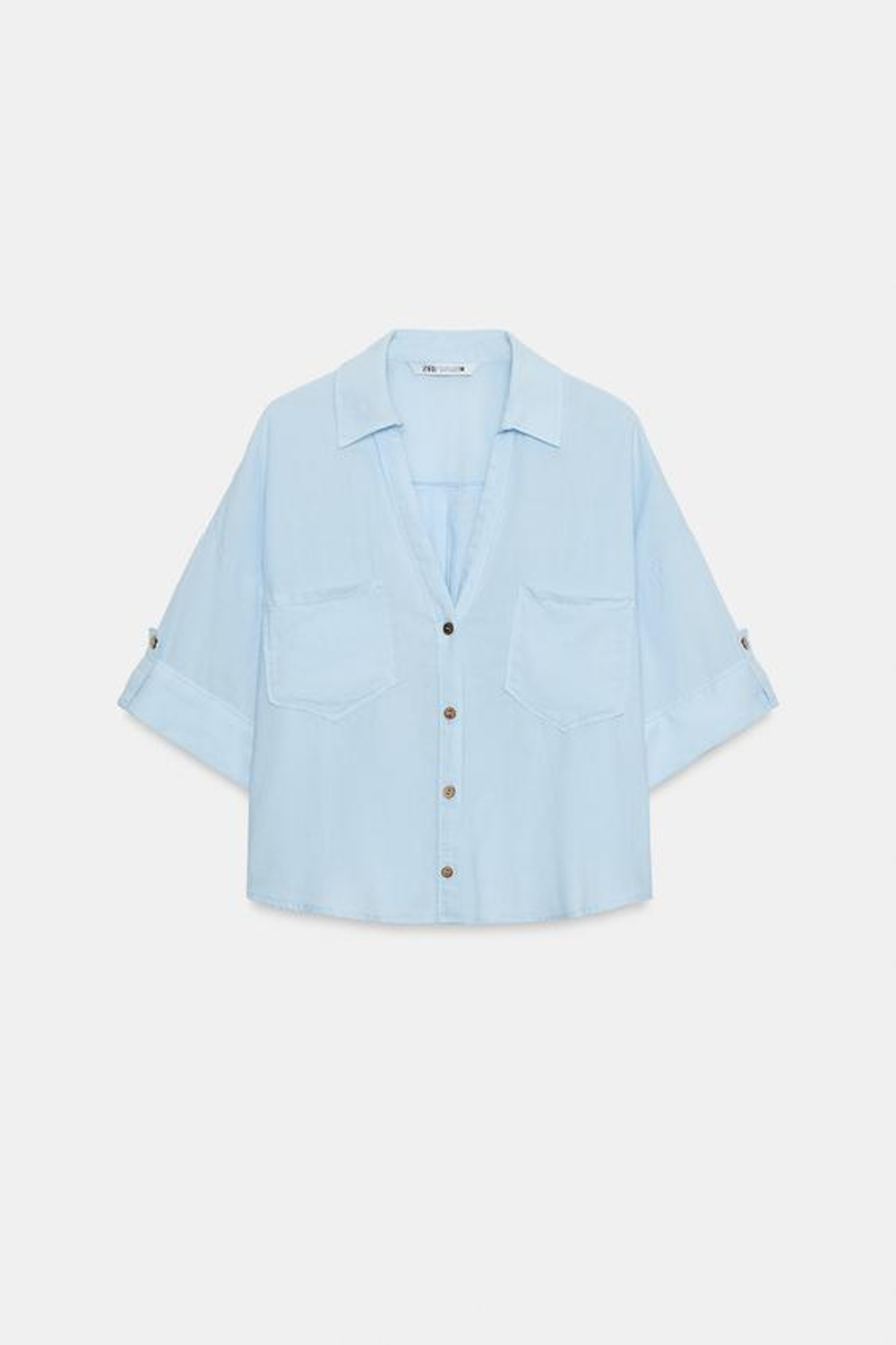 ZARA УКОРОЧЕННАЯ РУБАШКА ИЗ СМЕСОВОГО ЛЬНА, НЕБЕСНО-ГОЛУБОЙ
