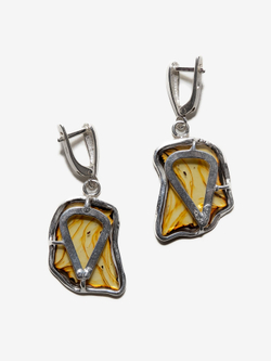 Уникальные серебряные серьги с цельным пейзажным янтарем, серебро 925 пробы