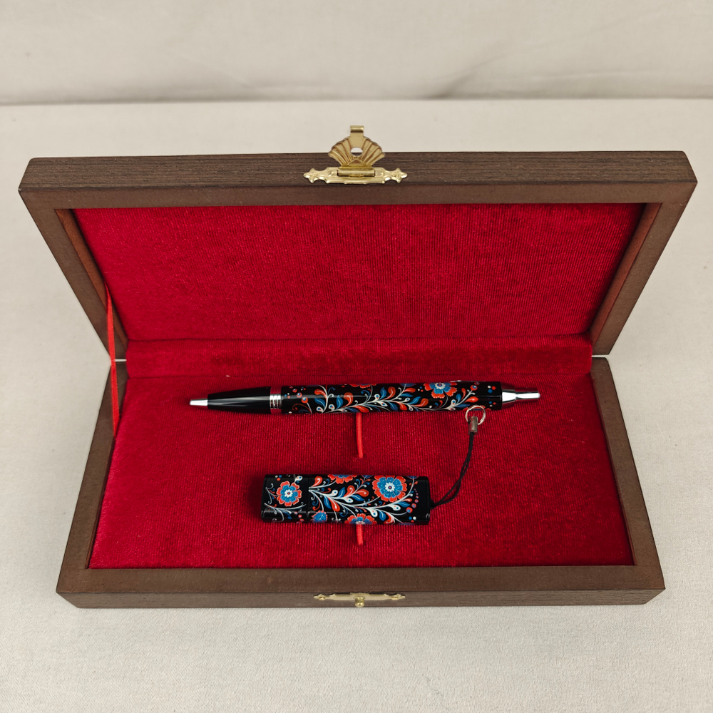 Набор "Цветы России" флешка и ручка Parker с ручной росписью Палех в футляре