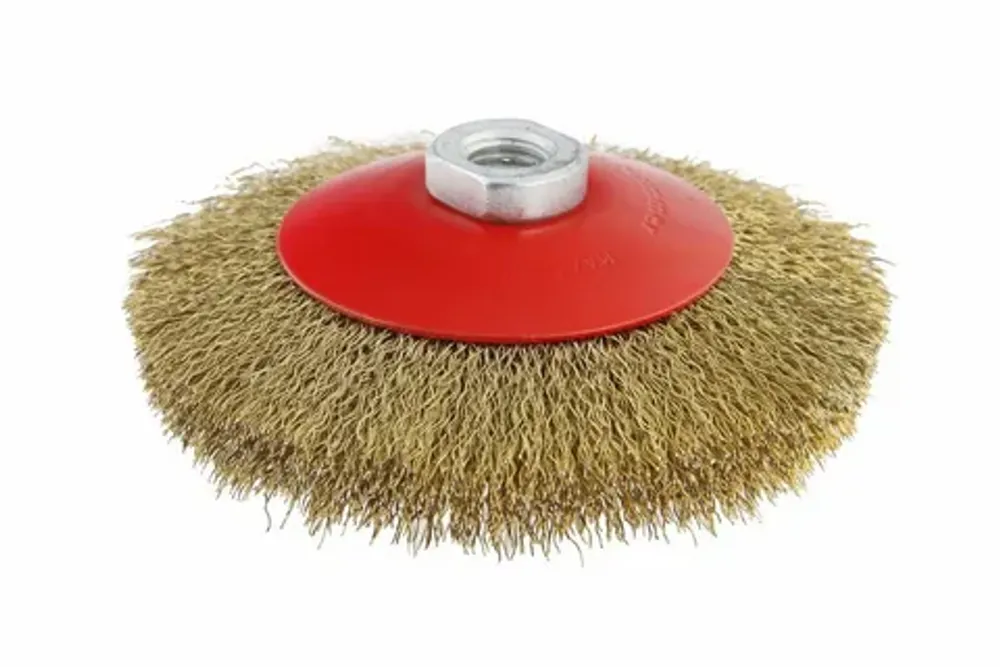 Корд-щетка дисковая наклонная для УШМ (22,23 мм; 125 мм) с ворсом из латун. волнистой проволоки "РОСОМАХА" (917125)