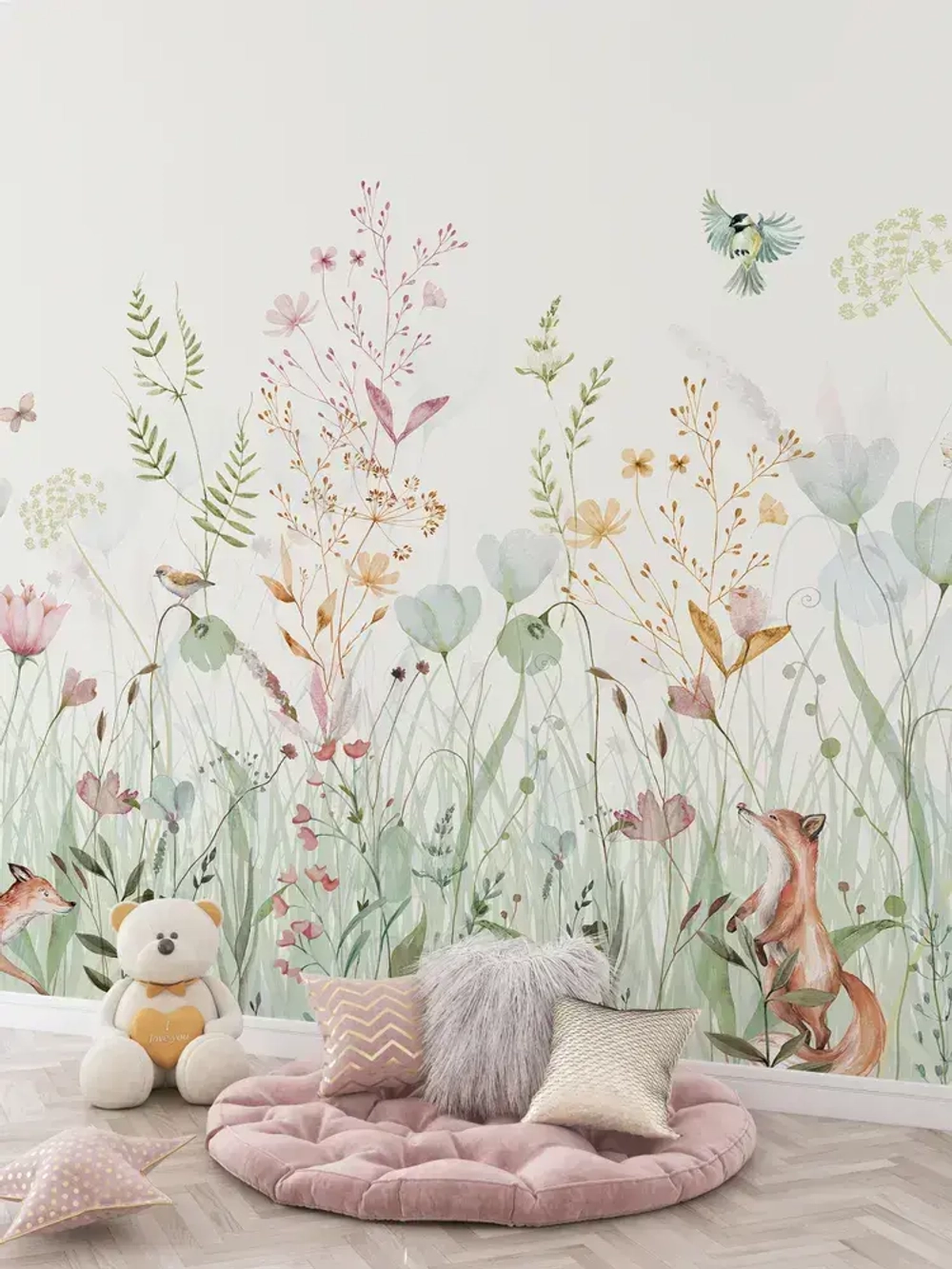 Фотообои на стену Цветы, Трава, Лисы флизелиновые 400х270 см фото обои Mondeco