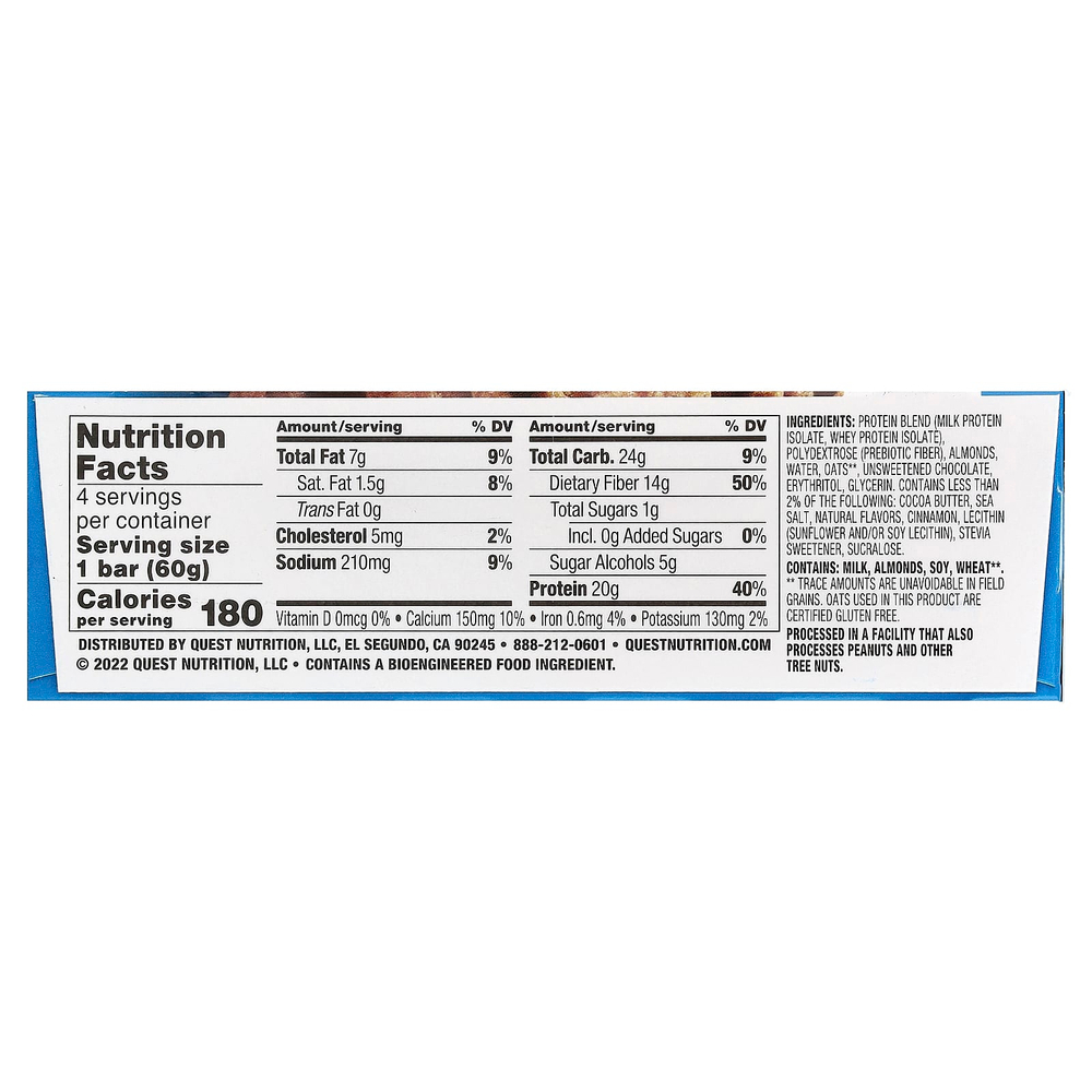 Quest Nutrition, Протеиновый батончик, овсянка и шоколадная крошка, 4 батончика по 60 г (2,12 унции)