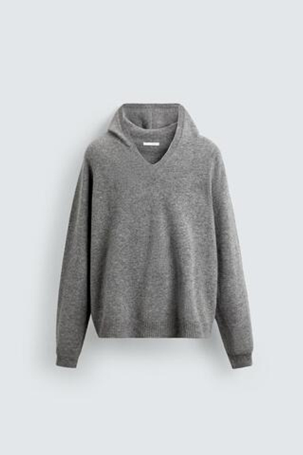 ZARA ШЕРСТЯНОЙ СВИТЕР С КАПЮШОНОМ, СЕРЫЙ МЕЛАНЖ