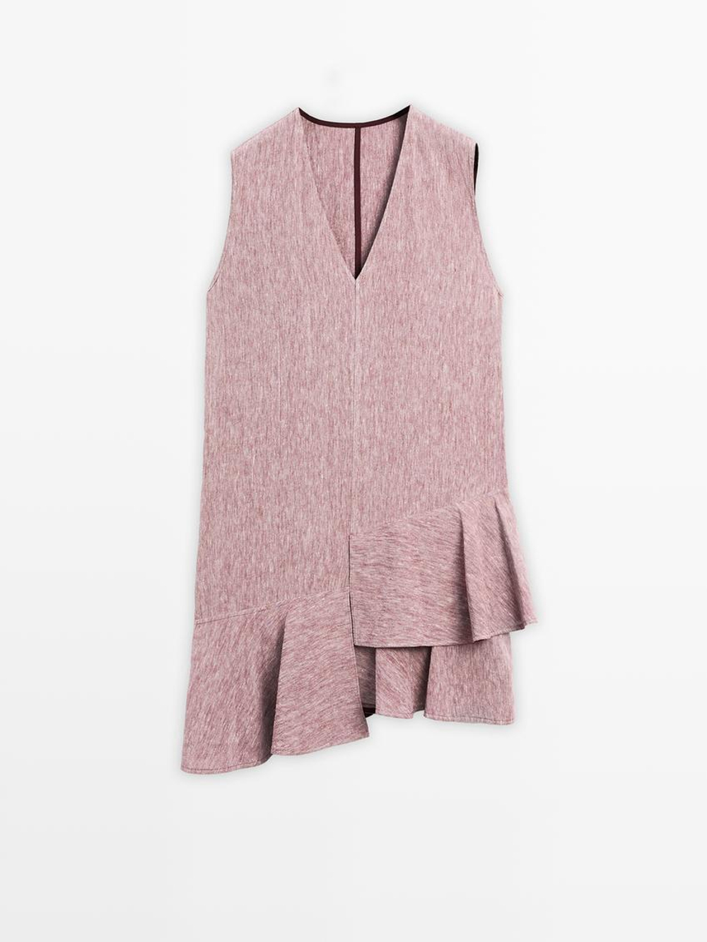 Massimo Dutti Мини-платье из 100% льна с воланами, пастельно-розовый