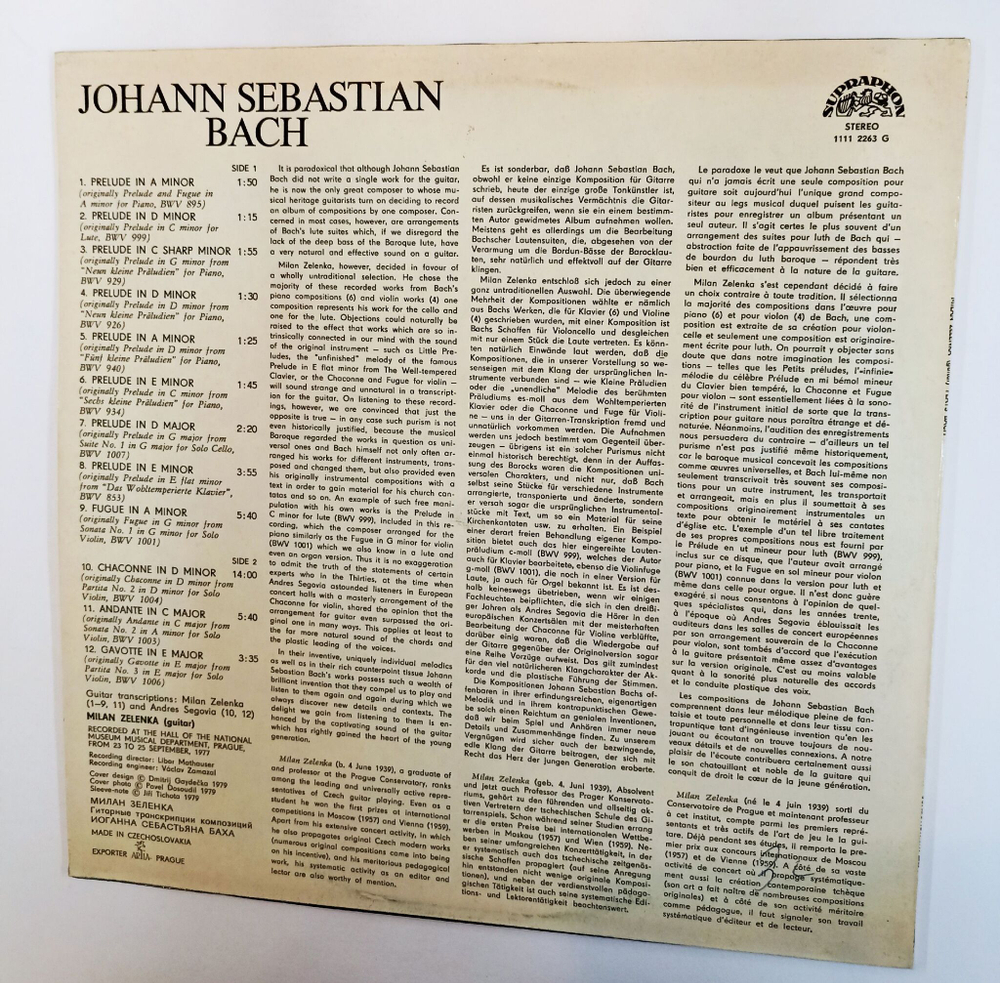 Винтажная виниловая пластинка LP Milan Zelenk Guitar Transcriptions Of Compositions By Johann Sebastian Bach И.С. Бах (Чехословакия 1980)