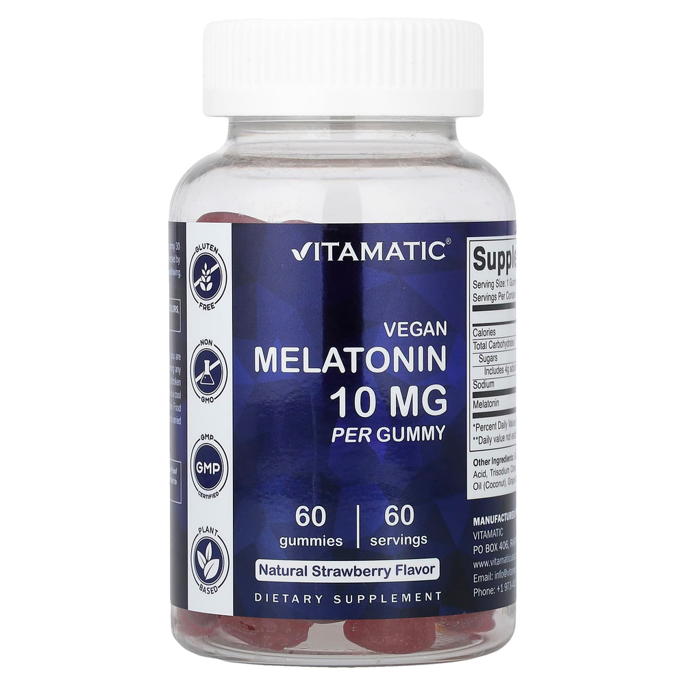 Vitamatic, веганские жевательные таблетки с мелатонином, со вкусом натуральной клубники, 10 мг, 60 жевательных таблеток