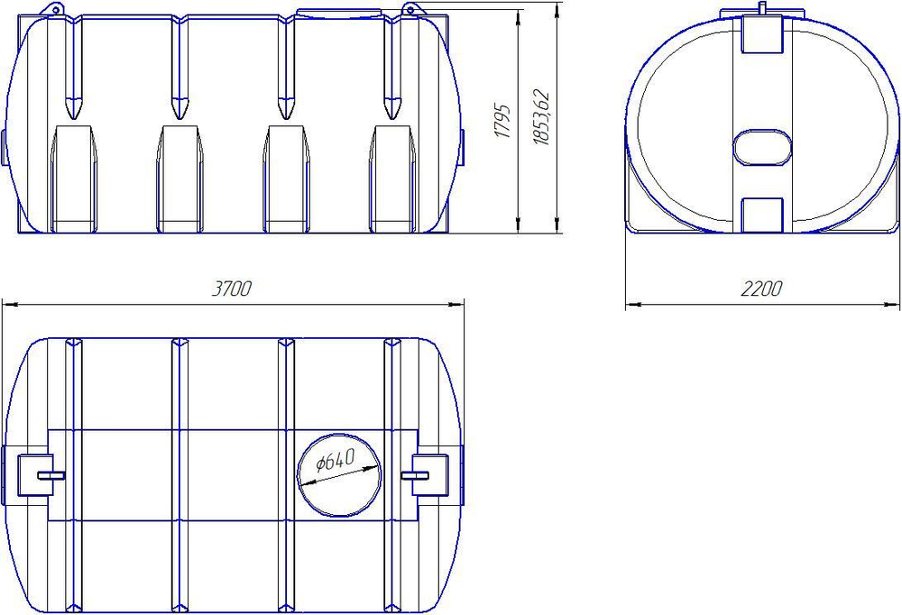Ёмкость горизонтальная 10000л Политим 10000 л.(3660x2200x1880см;синий) - арт.560783