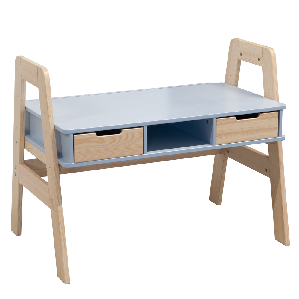 Письменный стол Чек для школьника 94х64х75 см, многоуровневая парта с 2 ящиками на ножках из массива сосны, МДФ синий