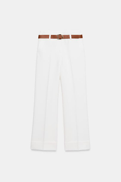 ZARA БРЮКИ С ОТВОРОТАМИ И РЕМНЕМ, БЕЛЫЙ