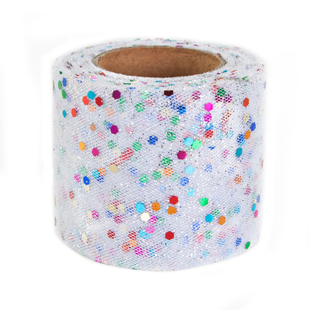 Лента (5,5 см*13,72 м) Фатин с блестками и пайетками, Белый, 1 шт.
