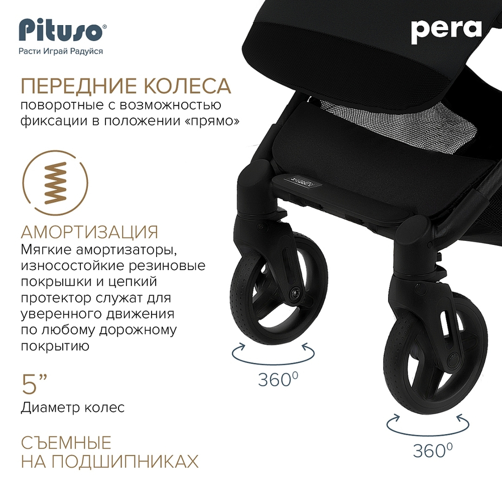 PITUSO коляска детская PERA (прогулочная)Black New/рама carbon/PU(блок колес)