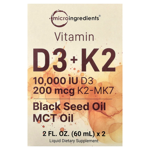 Micro Ingredients, витамины D3 и K2, 2 флакона-пипетки по 60 мл (2 жидк. унции)