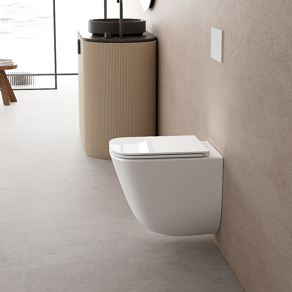 Унитаз подвесной ABBER Rechteck AC1220TC-AC0105-AC0120 белый/кнопка хром глянцевый, с крышкой микролифт, с инсталляцией, безободковый, слив-торнадо