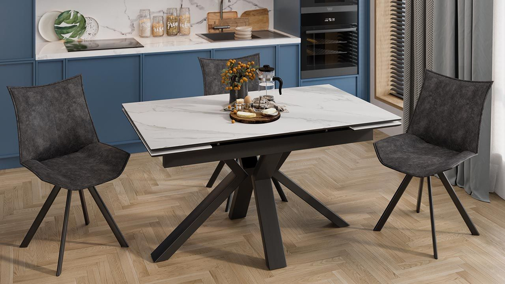 Стол кухонный обеденный раздвижной Черный муар/Керамика матовая белый мрамор 140(200)х85х76 см