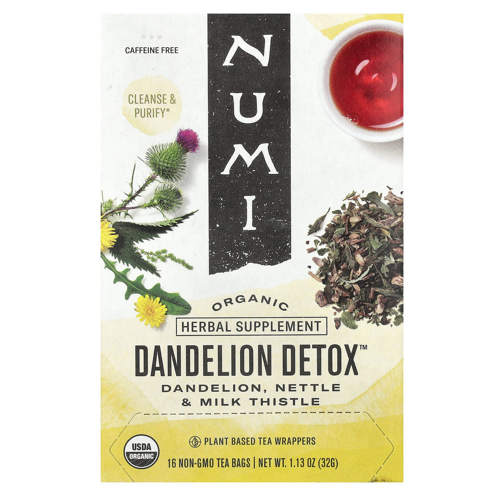 Numi Tea, органический одуванчик, очищающий, без кофеина, 16 чайных пакетиков без ГМО, 32 г (1,13 унции)