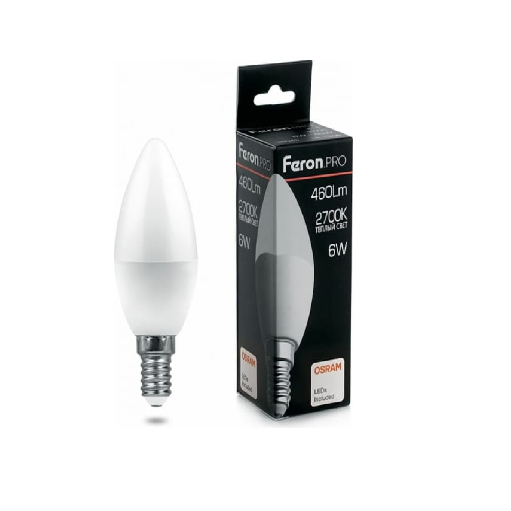 Feron.PRO Лампа св/д свеча C37 E14 6W 460lm 2700K 2K матовый 100x37 OSRAM LED LB-1306 38044