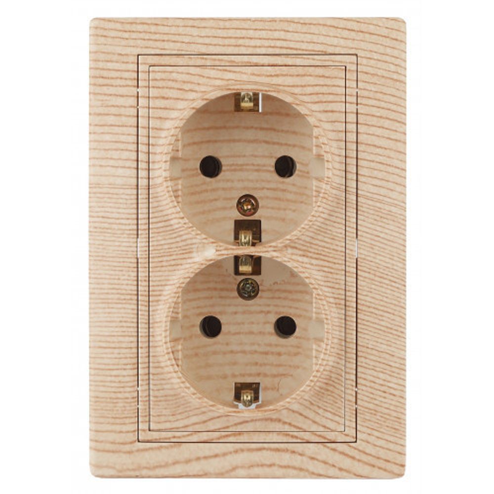 Розетка Intro Plano 1-205-11 с заземлением двойная 2X2P+E Schuko, 16А-250В, IP20, СУ, сосна | Intro Plano Сосна