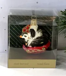 Елочное украшение Кошка на подушке, стекло, 6,5 см., 1 шт., Irena CO (51014)