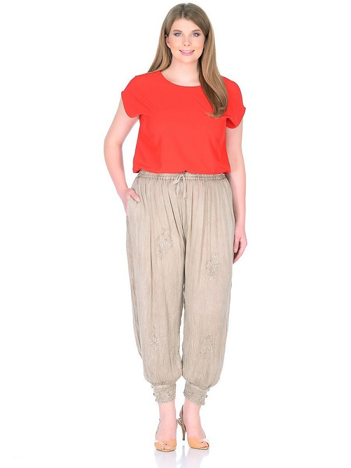 Брюки с вышивкой на манжетах, вискоза, цвет бежевый, free size (40-54)