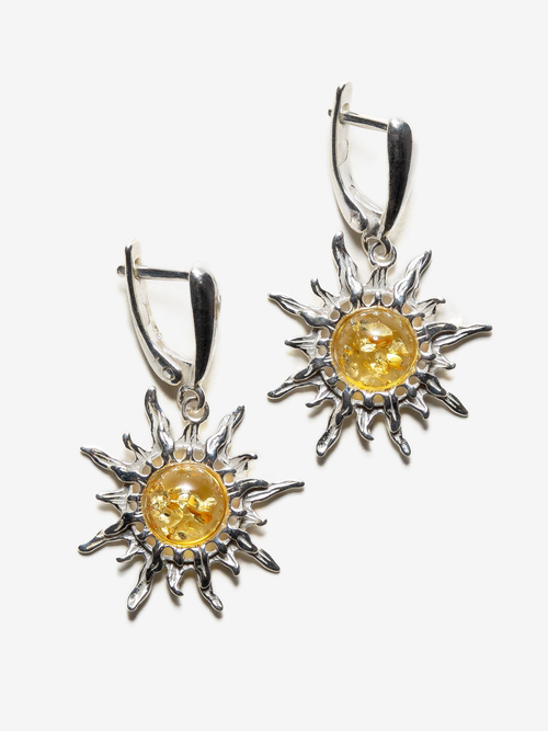Серебряные серьги с цельным янтарем "Солнце", серебро 925 пробы