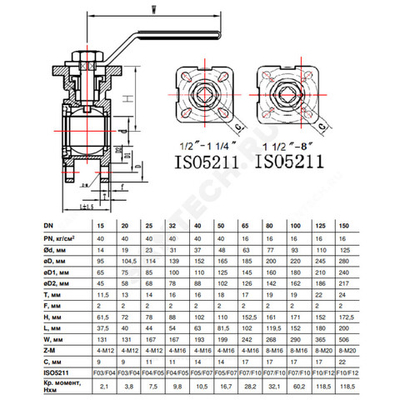 Кран шаровой нерж SS316 4311HA Ду 15 Ру40 межфл под электропривод с рукояткой ISO F03/F04 Benarmo