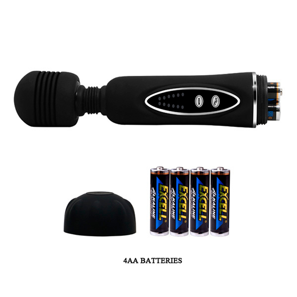 Черный вибромассажер 20,5см со сменными насадками Baile Power Wand BW-055002A