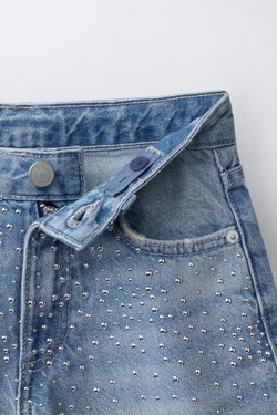 ZARA ДЛИННЫЕ ДЖИНСОВЫЕ ШОРТЫ СО СТРАЗАМИ, СИНИЙ
