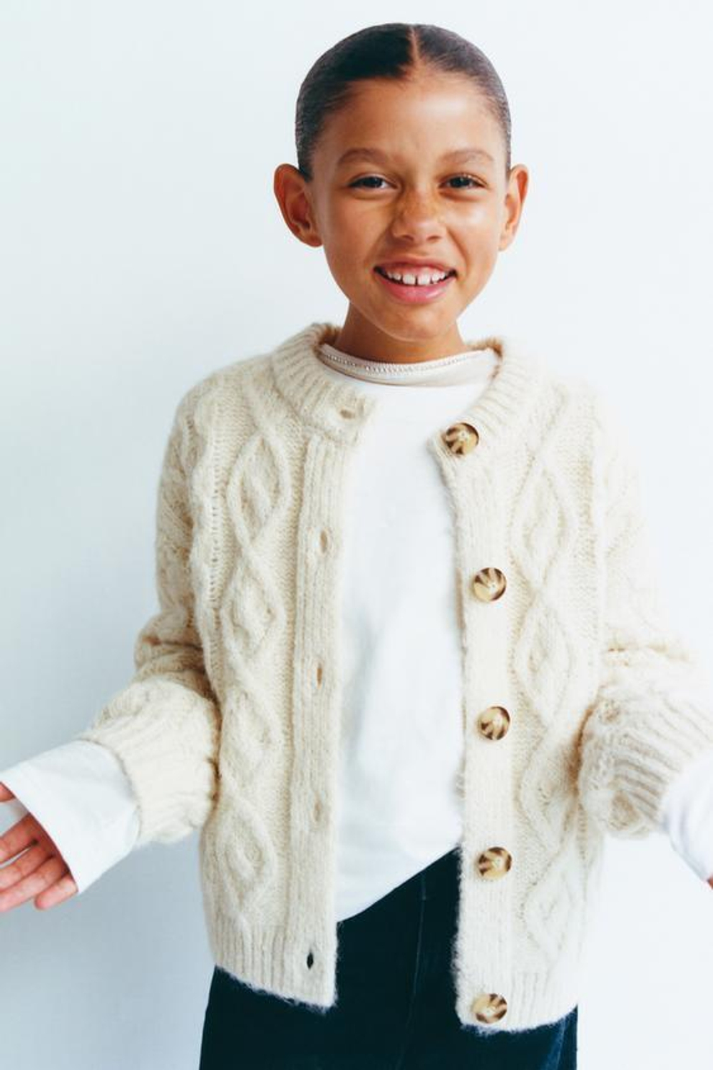 ZARA КАРДИГАН С УЗОРОМ «КОСЫ», ЖЕЛТОВАТО-БЕЛЫЙ