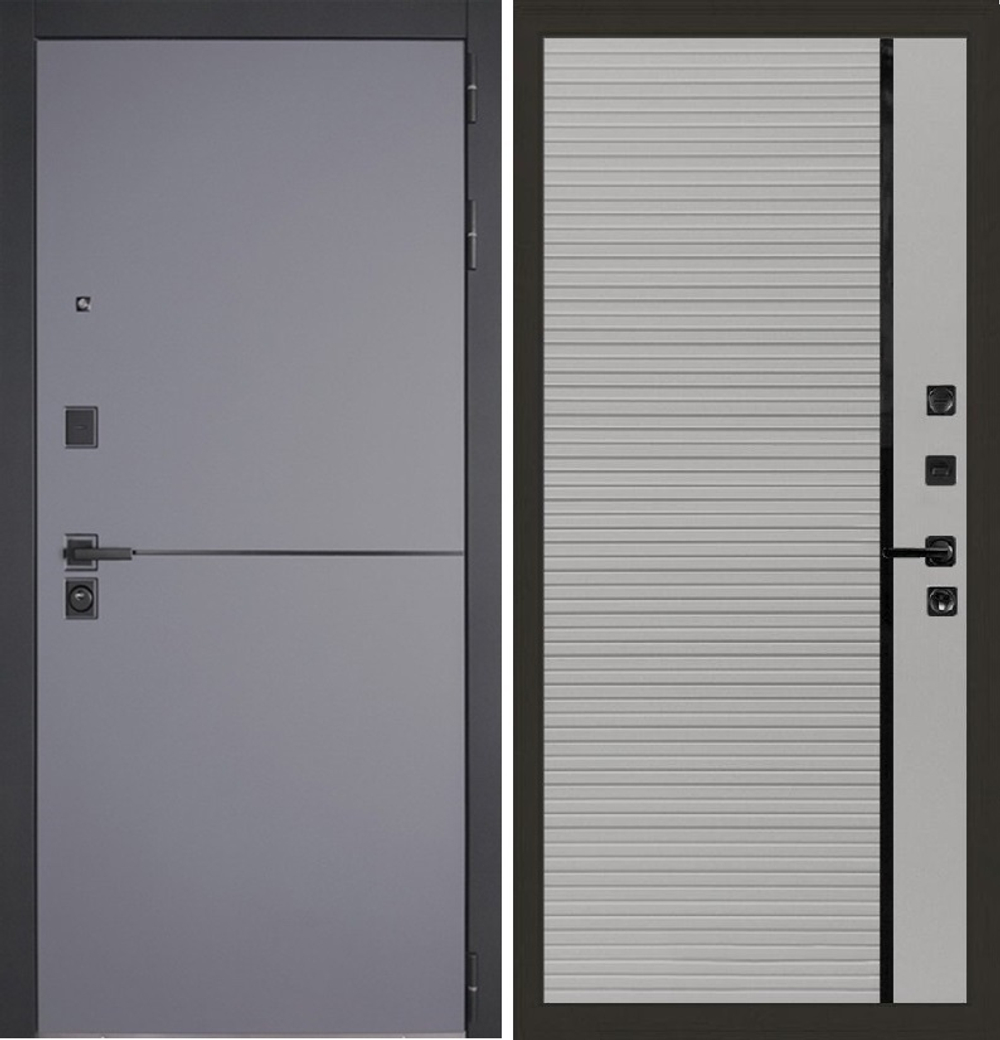 Входная дверь собранная в квартиру Лекс Гранд Модерн Софт графит / №114 Грей софт (светло-серый матовый, без текстуры), черный молдинг
