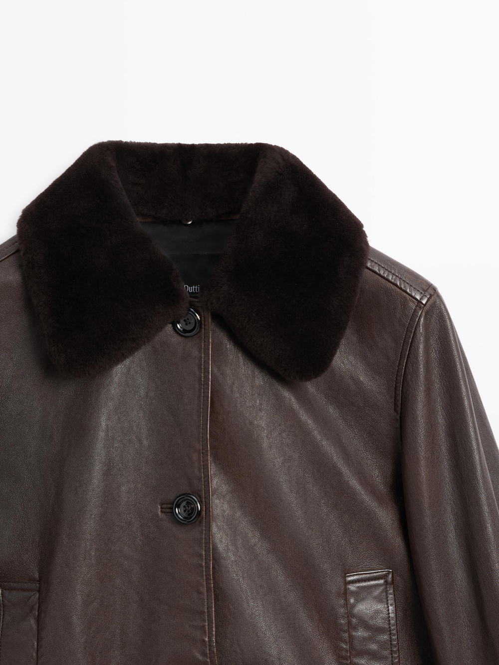 Massimo Dutti Куртка из кожи наппа с воротником из овчины, коричневый