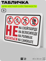 Табличка для частной территории "Не кататься на скейтборде, велосипеде, роликах и самокате", на дом, для участка и организаций, предупреждающая, 40х30 см, Silver Plane x Айдентика Технолоджи