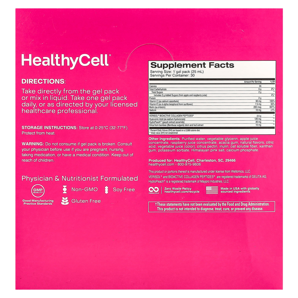 HealthyCell, Vibrant Hair, Skin & Nails, малиновый, 30 гелевых пакетиков по 25 мл (0,84 жидк. Унции)