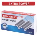 Скобы для степлера цинковое покрытие №24/6, 1000 штук, BRAUBERG "EXTRA", до 30 листов, 229299