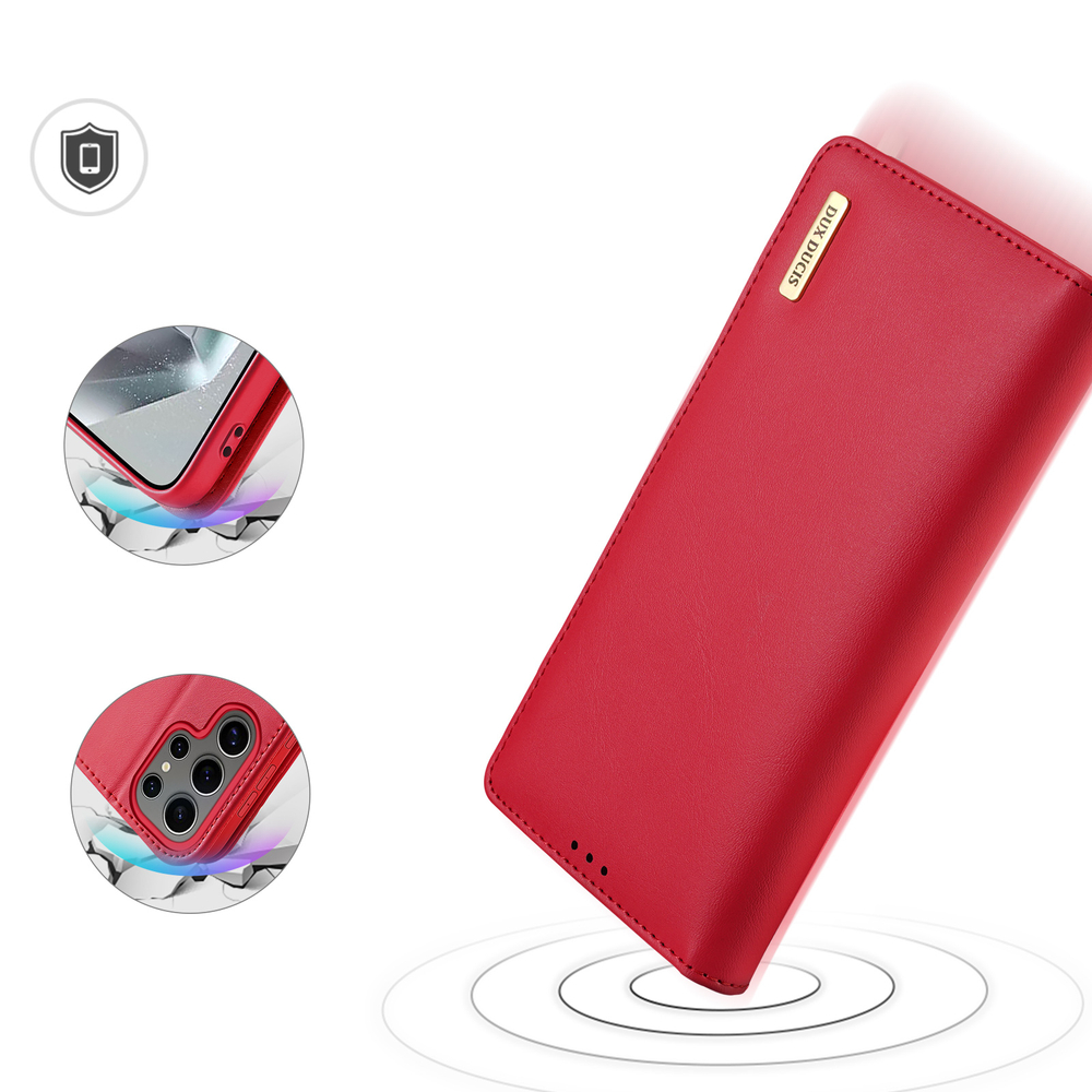 Чехол книжка из натуральной кожи красного цвета с защитой RFID для Samsung Galaxy S25 Ultra, Dux Ducis, серия Hivo Series Case