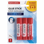 Клей-карандаш 9 г упаковка BRAUBERG 3 штуки на блистере (12 штук в упаковке)