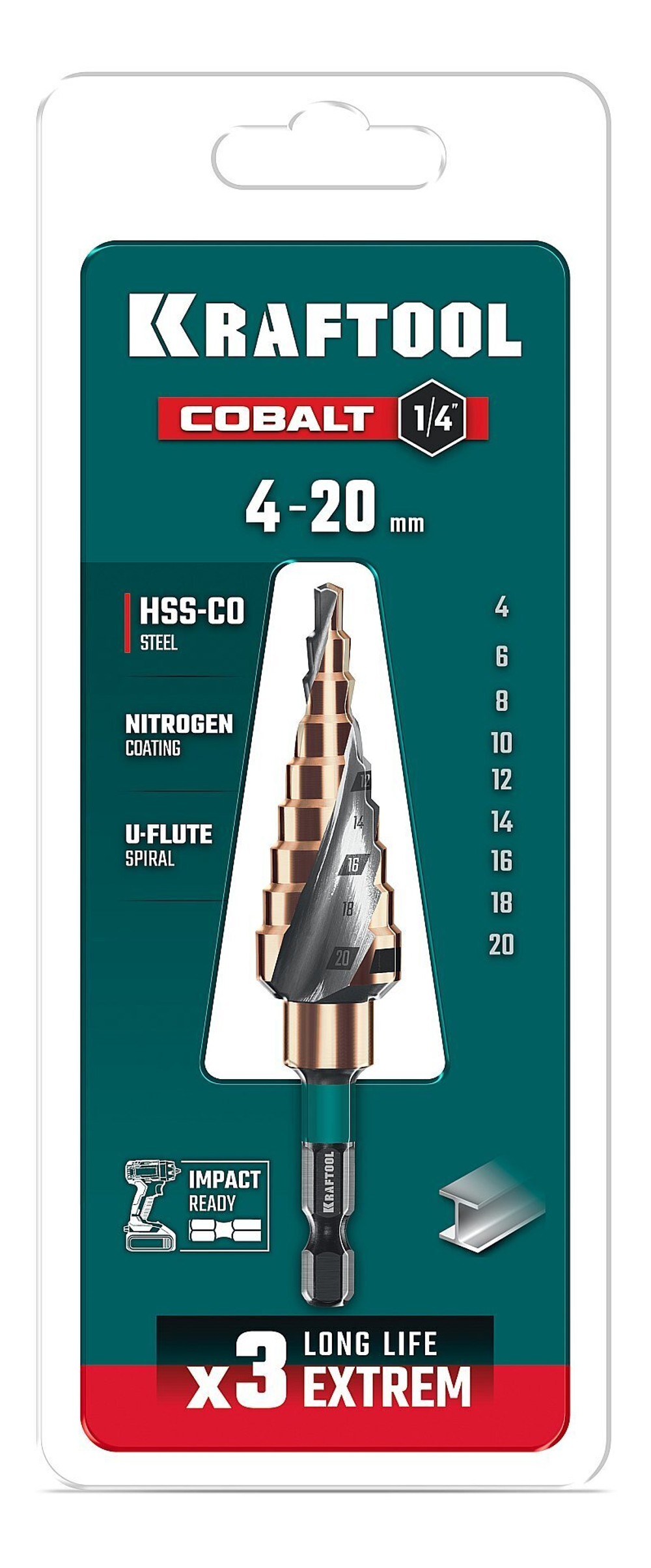 KRAFTOOL COBALT 4-20мм, 9 ступеней, азотирование, винтовая спираль, сверло ступенчатое(29691-4-20-9)