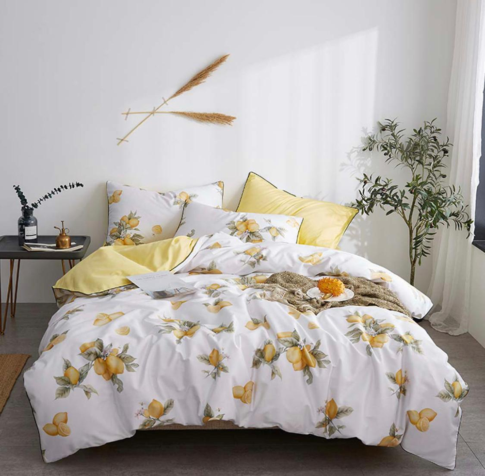 Комплект постельного белья Семейный (2 пододеяльника) Мако-сатин Египетский Хлопок Белый лимоны