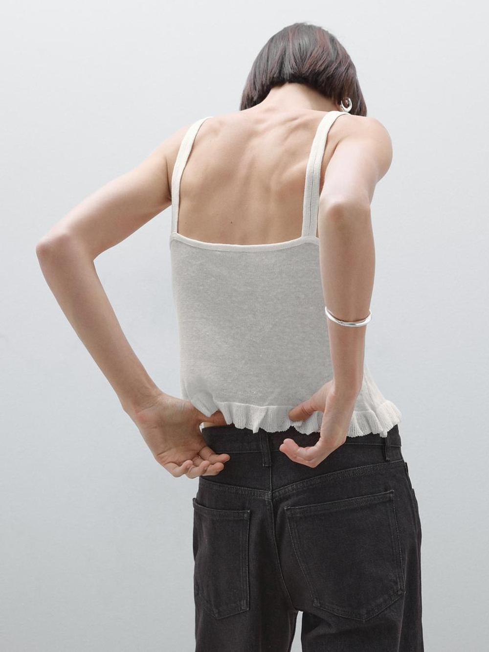 Massimo Dutti Топ из 100% льна с волнистой кромкой по низу, натуральный, кремовый