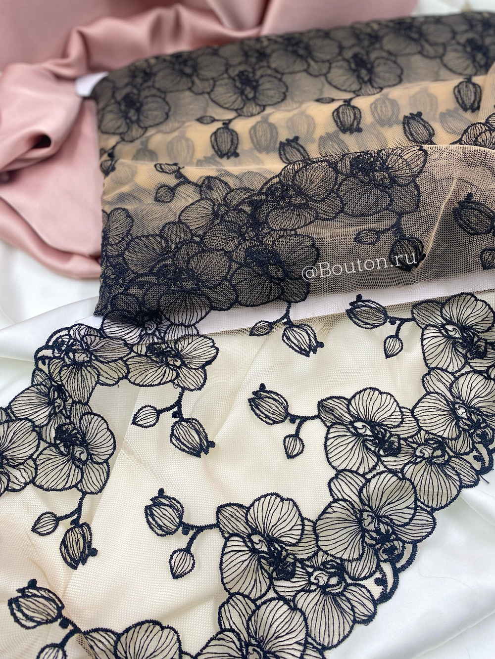 Кружево телесное с черными цветами Орхидеи 22,5 см