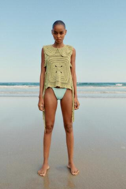 ZARA ТОП ИЗ КРУЖЕВА КРОШЕ С ЗАВЯЗКАМИ ПО БОКАМ, СВЕТЛО-ЗЕЛЕНЫЙ