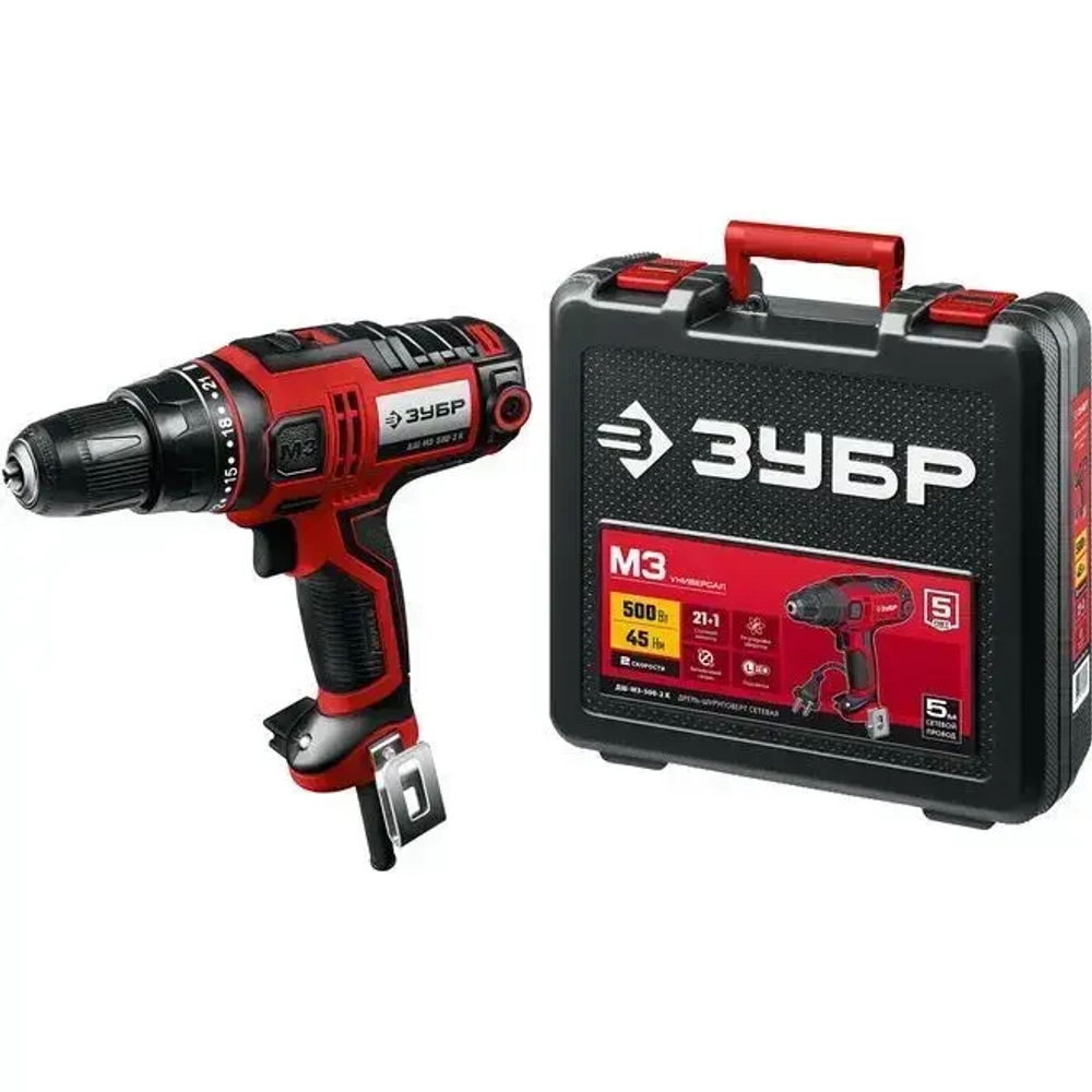ЗУБР 500 Вт, 45 Нм, кейс, сетевая дрель-шуруповерт (ДШ-М3-500-2 К)