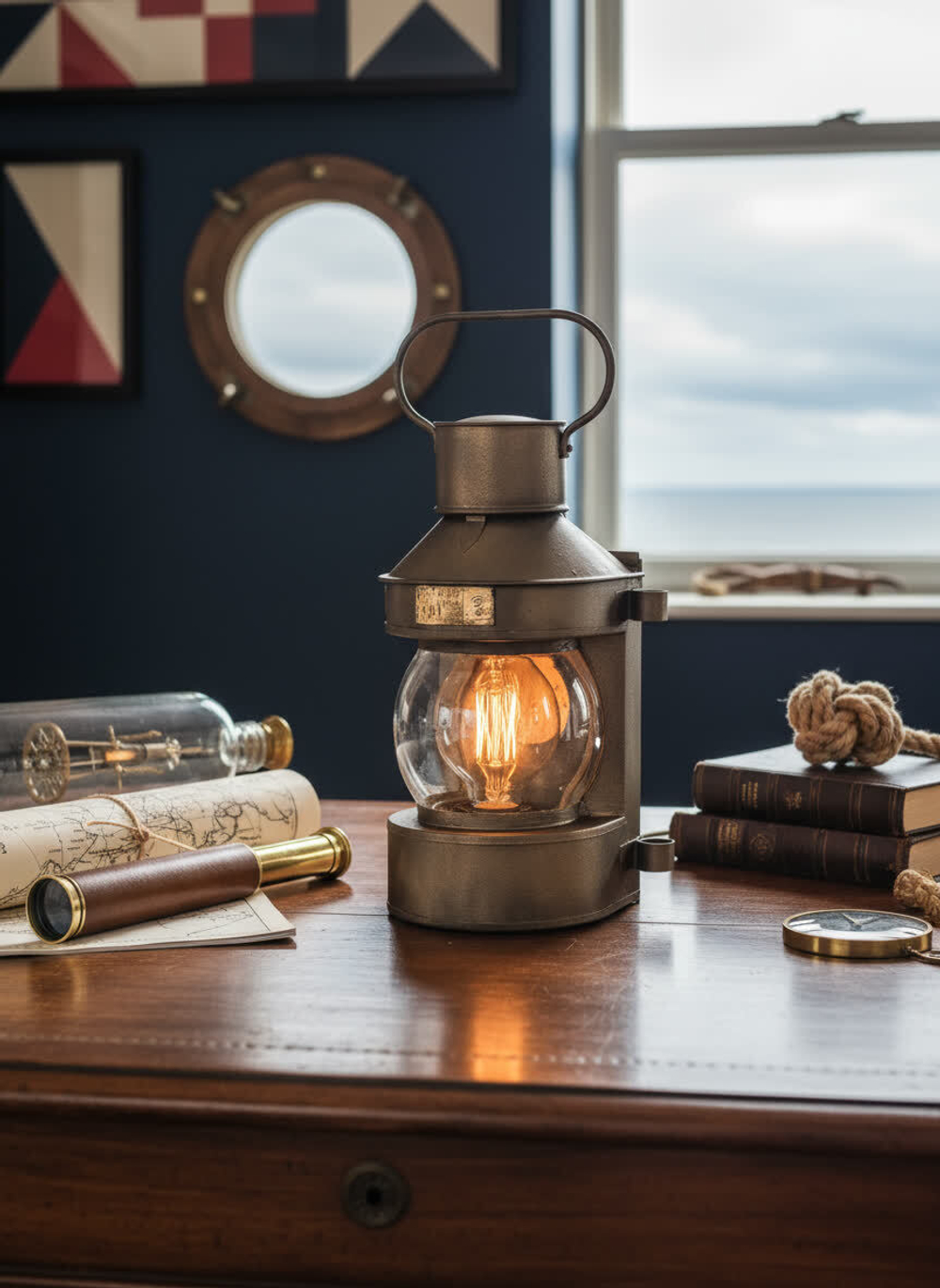 Морской светильник WoodandRoot из навигационного судового фонаря Балтийский ходовой огонь 1958 на деревянном столе в стиле nautica интерьер